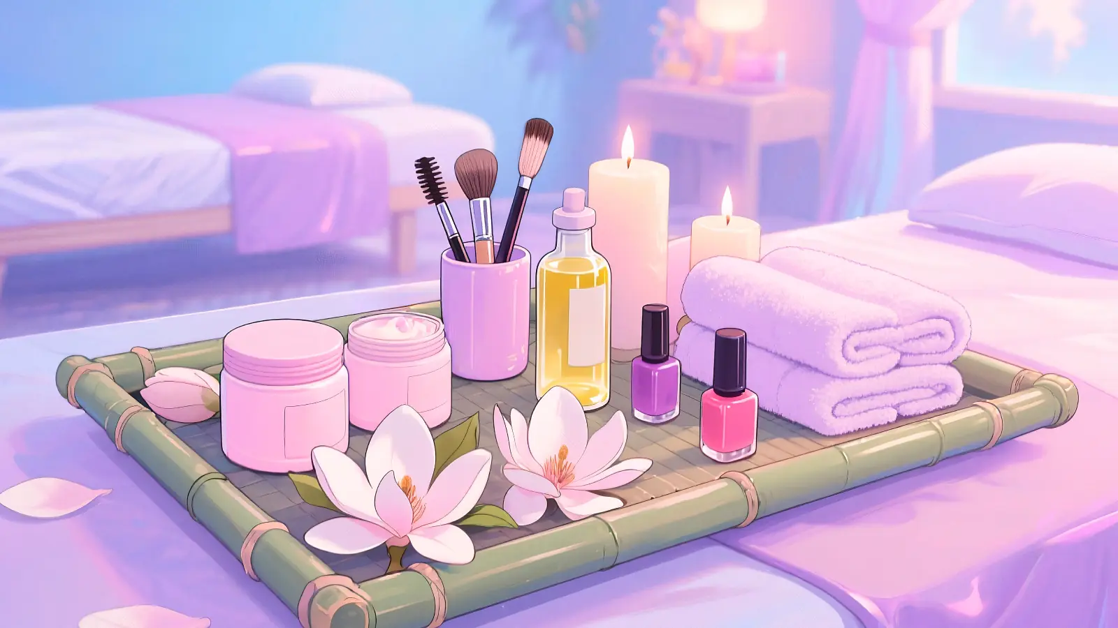 A soft pastel illustration of spa beauty products arranged on a bamboo tray with candles, lotus flowers, skincare jars, towels and nail polish in a calming room atmosphere