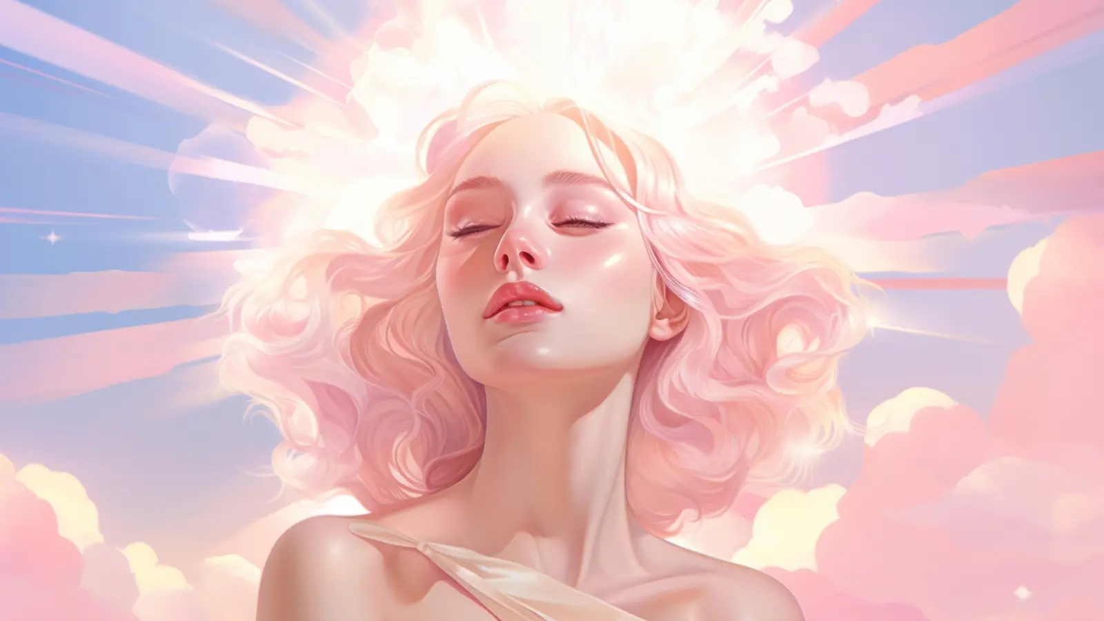 A soft ethereal illustration of a girl with pastel pink hair standing in radiant glowing light with a serene expression against a sky of soft clouds and sunrise colors
