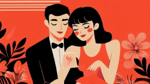 Stylized illustration of a romantic couple sitting closely together on a red background with floral elements, showing a sweet and intimate moment in a modern aesthetic style