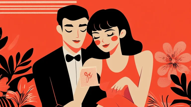 Stylized illustration of a romantic couple sitting closely together on a red background with floral elements, showing a sweet and intimate moment in a modern aesthetic style