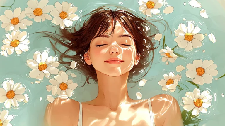 A serene dreamy illustration of a girl lying in water surrounded by white daisies with sunlight on her face creating a peaceful and gentle aesthetic
