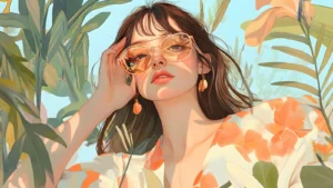 A soft aesthetic illustration of a stylish girl wearing sunglasses and a floral dress surrounded by warm greenery with sunlight highlighting her relaxed expression