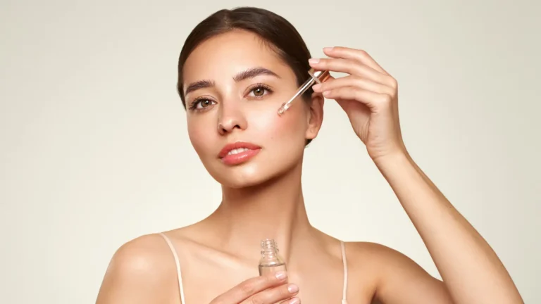 A beautiful young woman with flawless glowing skin applying skincare cream to her face in natural light, promoting healthy beauty and self-care.