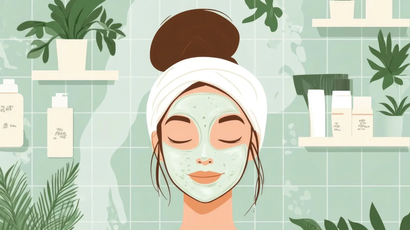 Aesthetic illustration of a girl with a green skincare face mask and towel wrap relaxing in a soft green spa bathroom surrounded by plants and beauty products