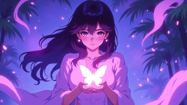 A dreamy mystical illustration of a girl at night holding a glowing butterfly in her hands with soft purple light and floating magical elements around her